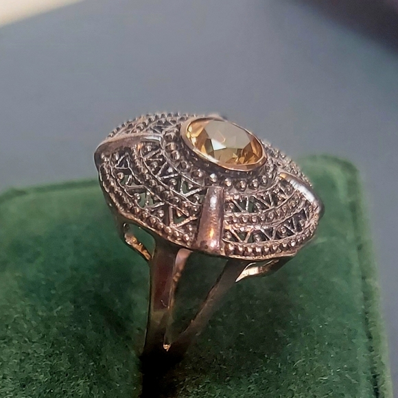 Yellow Topaz Mega Round Filigree Disc Vintage Ring Signed GFJ From Thailand - Picture 6 of 9